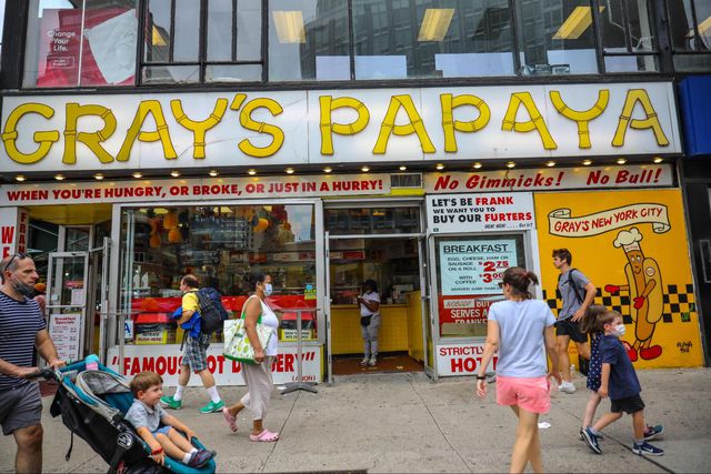 street view with pedestrians walking by gray's papaya
